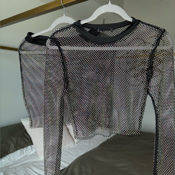 Dresses & Skirts - NEW Black Crystal Mesh Two-Piece Set Crystal Festival Mini Skirt + Crop Top S/M